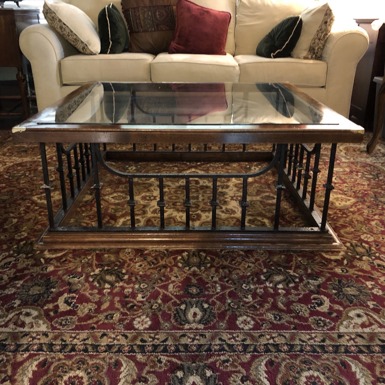 Antique Custom Thick Glass Wood Wrought Iron 42in Square Coffee Table  