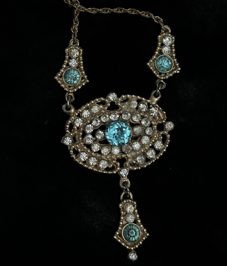 Vintage 1930s 1940s Art Deco Aqua Blue Rhinestone Filigree Festoon Necklace