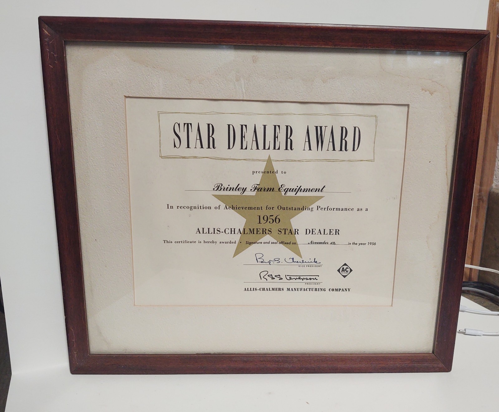 1953 Vintage Allis Chalmers Star Dealer Award Framed President Signed 1953 Vintage Allis Chalmers Star Dealer Award Framed President Signed