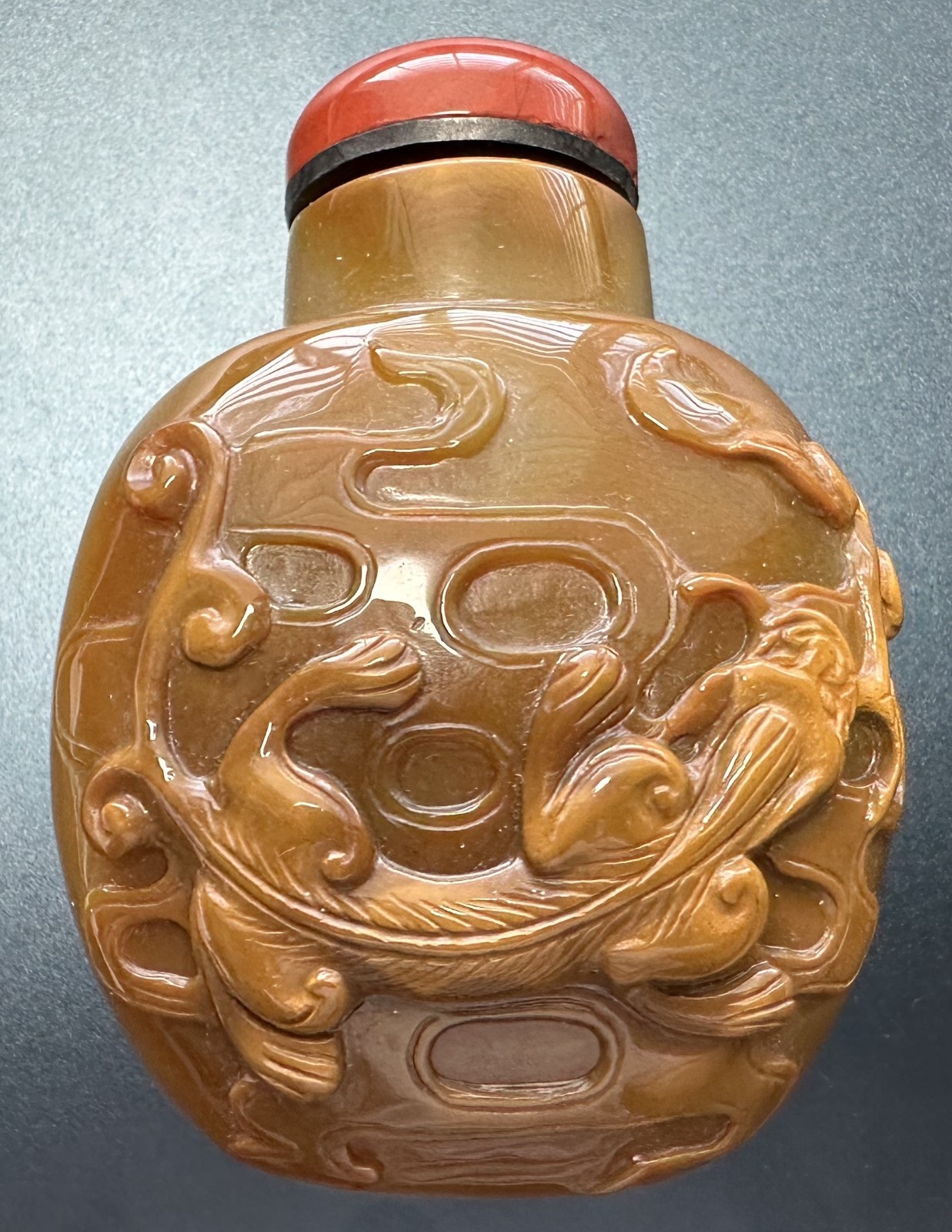 Vintage Chinese Carved Agate Snuff Bottle Dragon Motif Red Agate Stopper Vintage Chinese Carved Agate Snuff Bottle Dragon Motif Red Agate Stopper