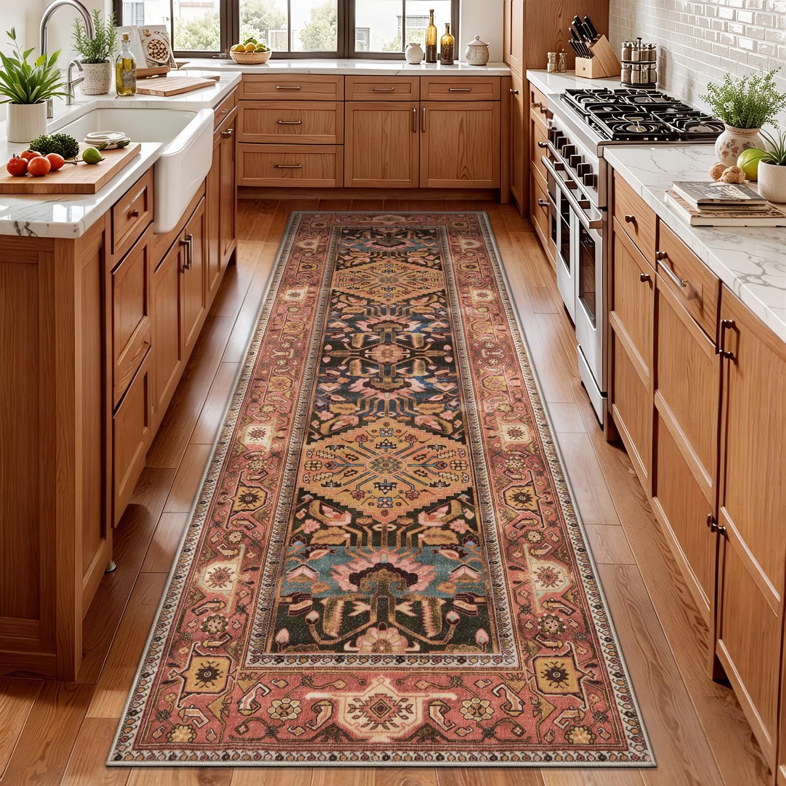 SERISSA 2x6 Washable Runner Rug Non Slip,Boho Orange Red Hallway Runner Rug