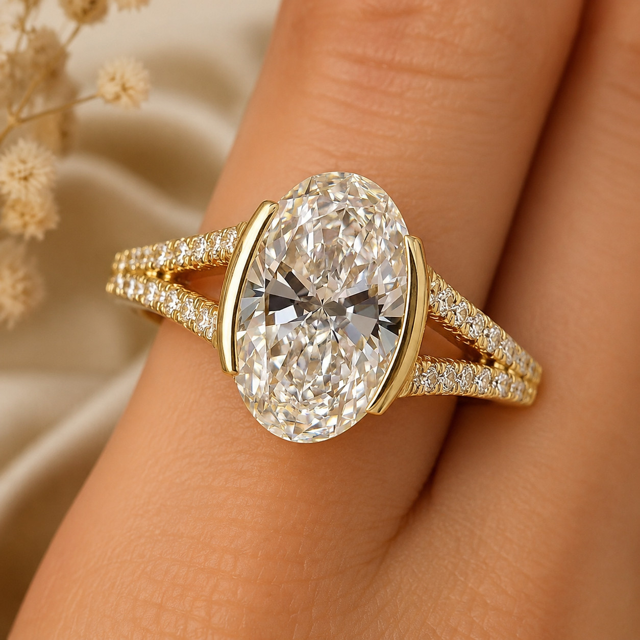 3.70 CT Oval-Cut VS Lab Grown Diamond Half Bezel Wedding Ring 14K Yellow Gold