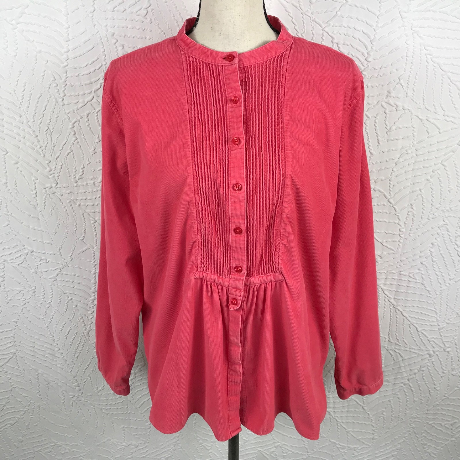 Vtg LL Bean Women Corduroy Button Up Shirt Pleated Size L Long Sleeve Pink/Coral