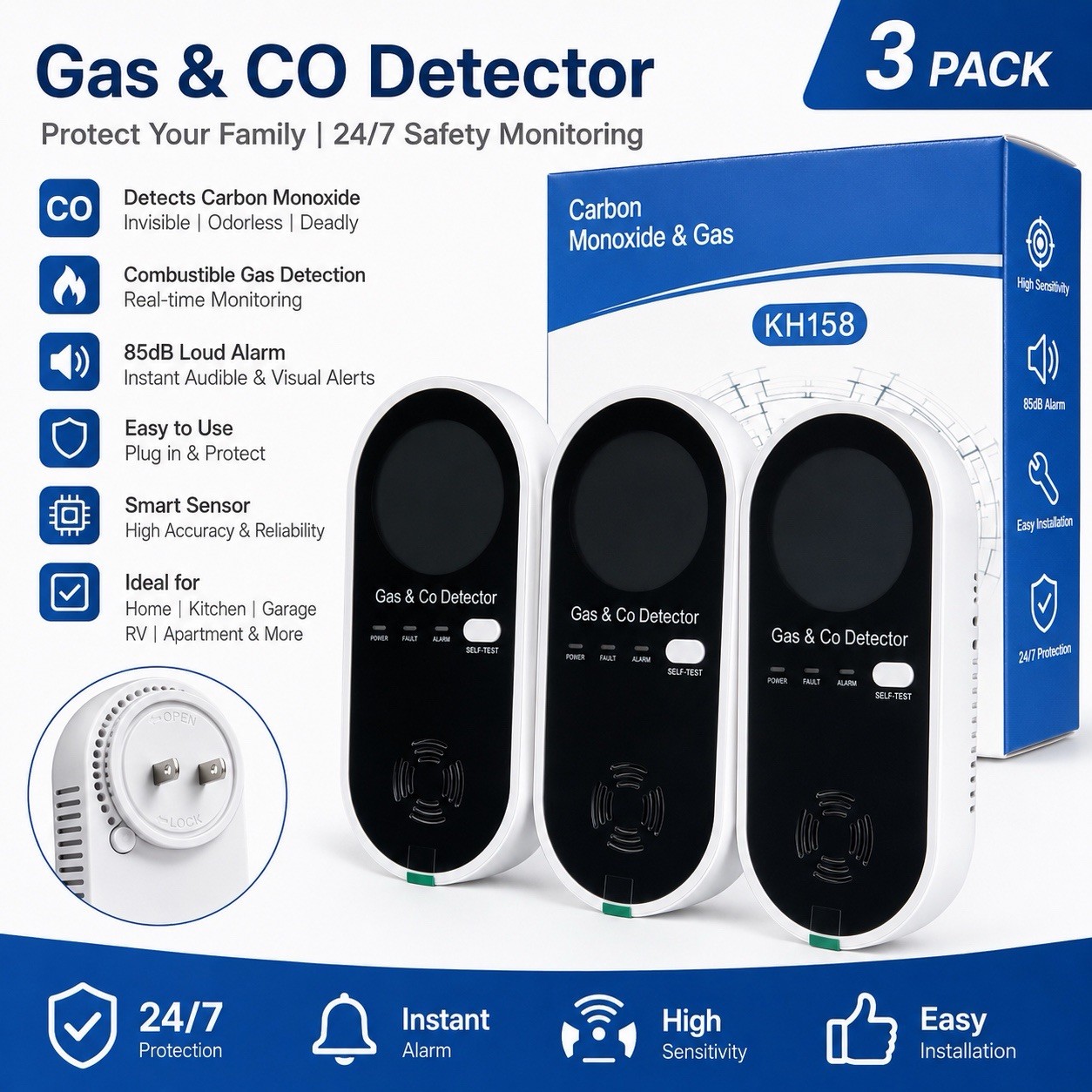 3 Pack Carbon Monoxide & Gas Detector Home & Business Safety Devise Model: KH158