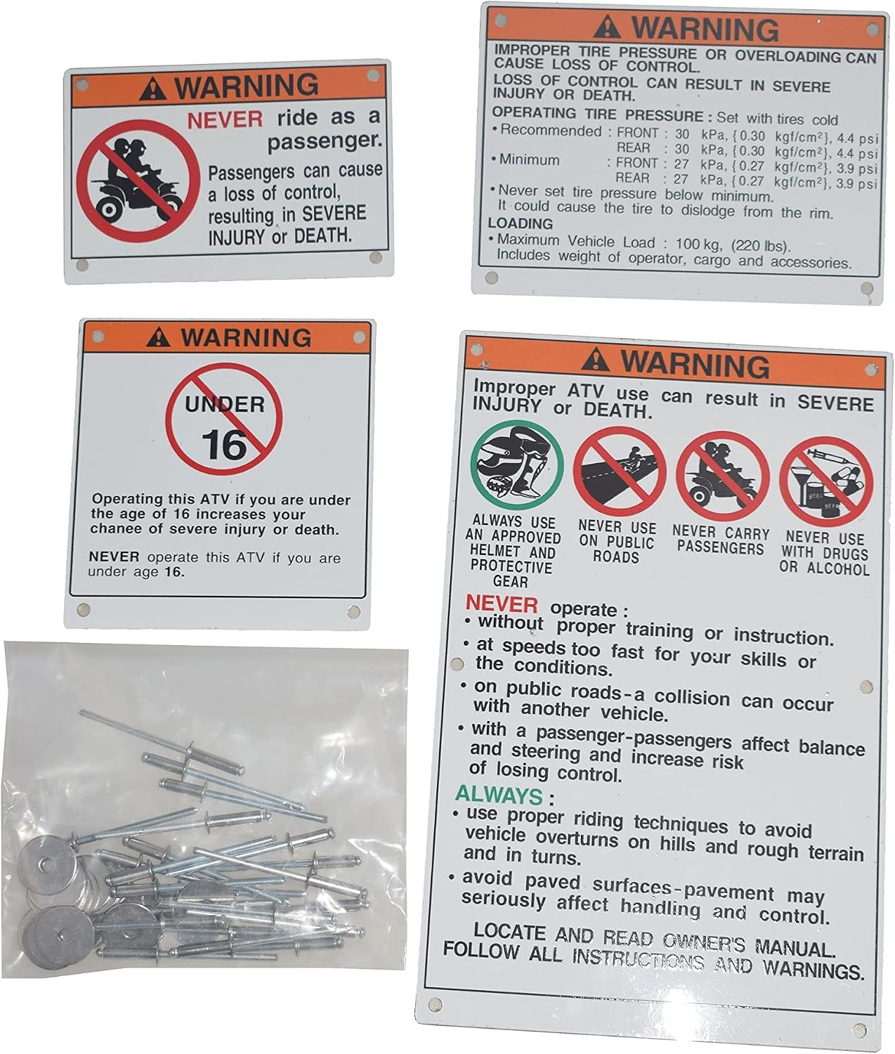 Warning Decals Stickers Labels Aluminum Backed Compatible with Yamaha Raptor Bla