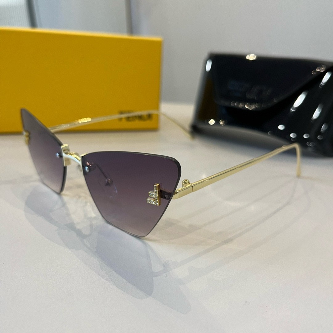 Fendi FOL084V 60‑15‑140 Rimless Cat‑Eye Sunglasses Gold Crystal F Logo Fendi FOL084V 60‑15‑140 Rimless Cat‑Eye Sunglasses Gold Crystal F Logo