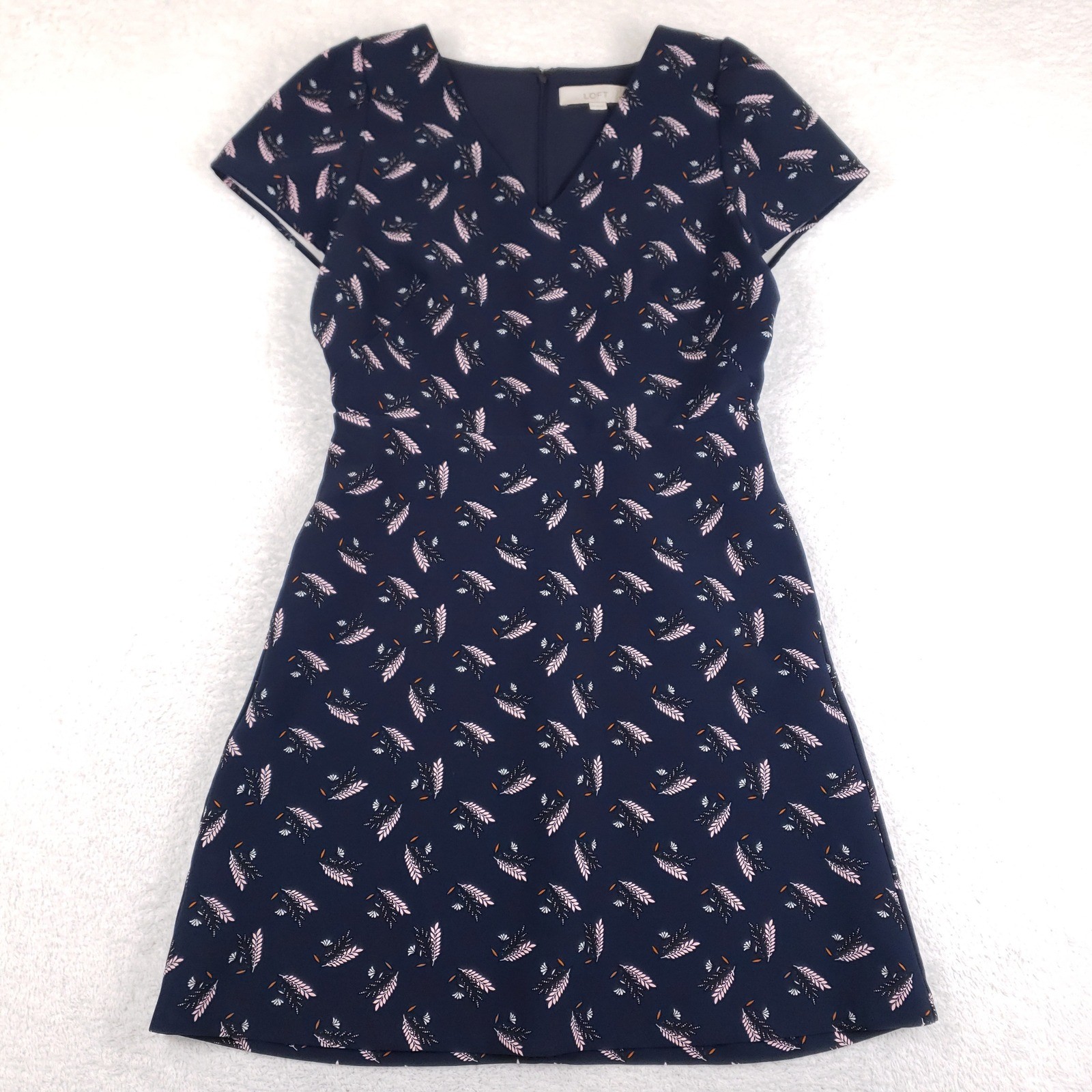 Loft Petites Navy Blue Botanical Leaf Print V-Neck A-Line Pocket Dress 6P