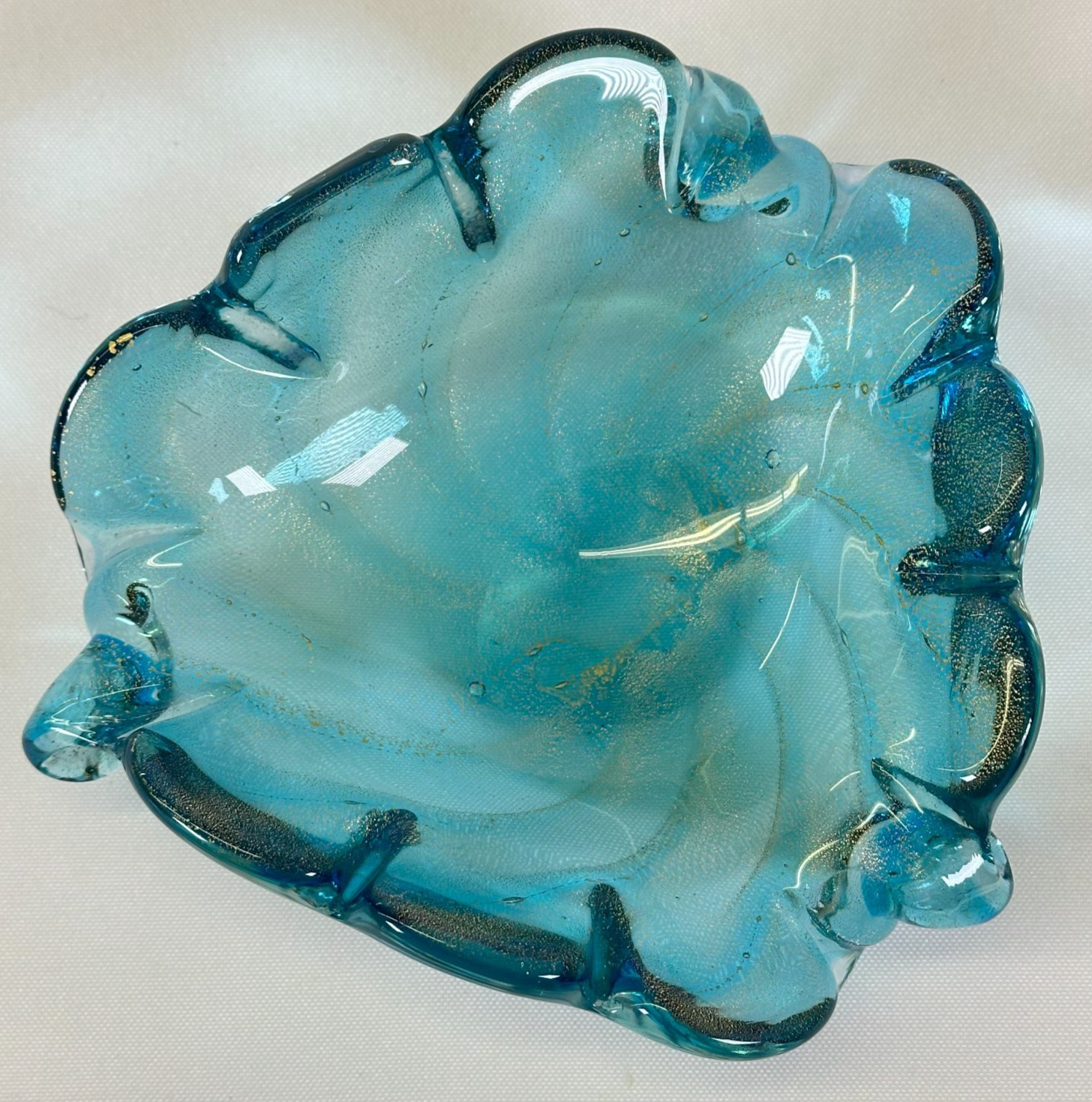Vintage Murano Style Aqua Blue Gold Aventurine Ruffled Art Glass Bowl 6\