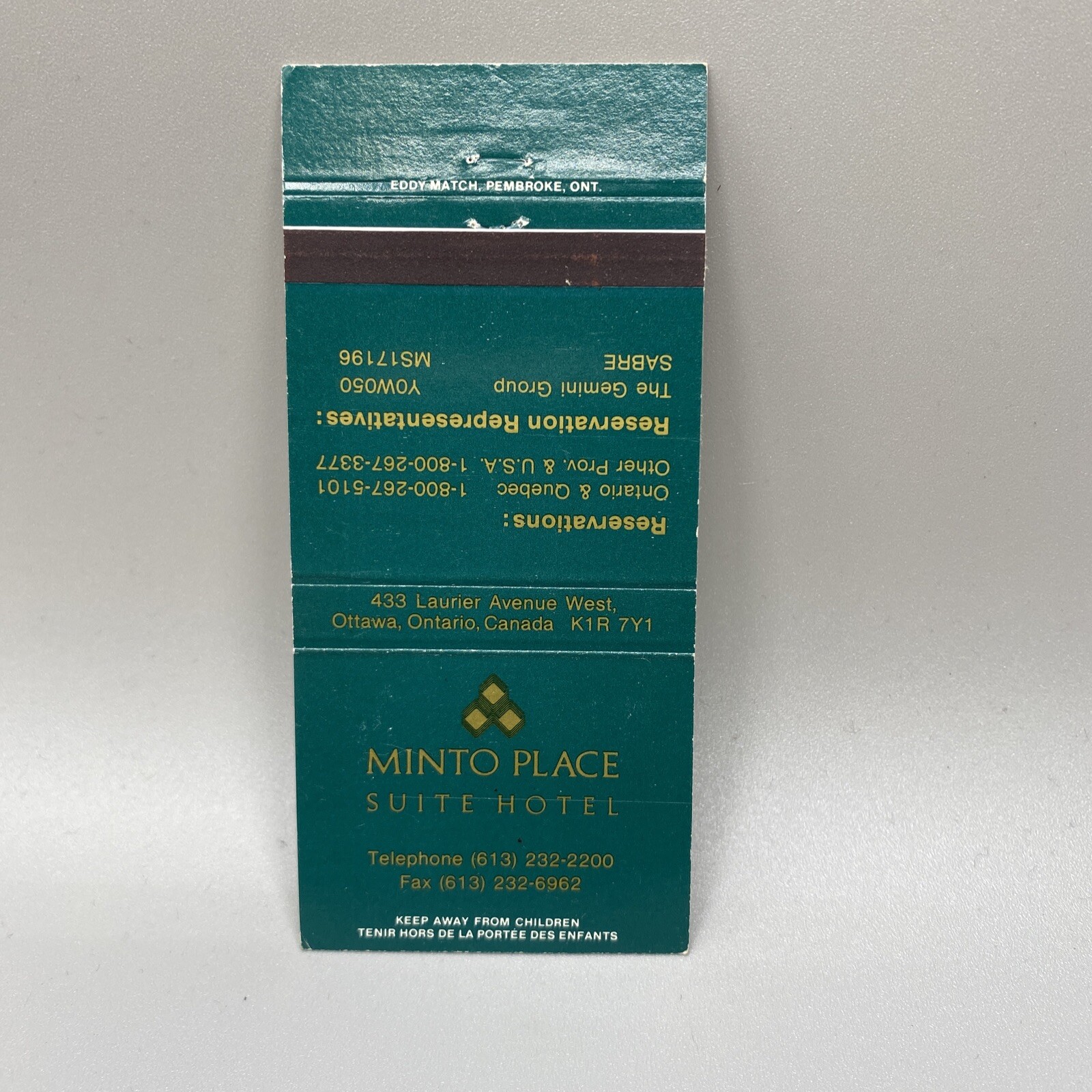  Matchbook Cover Retro Advertising Minto Place Suite Hotel Canada Ontario Ottawa