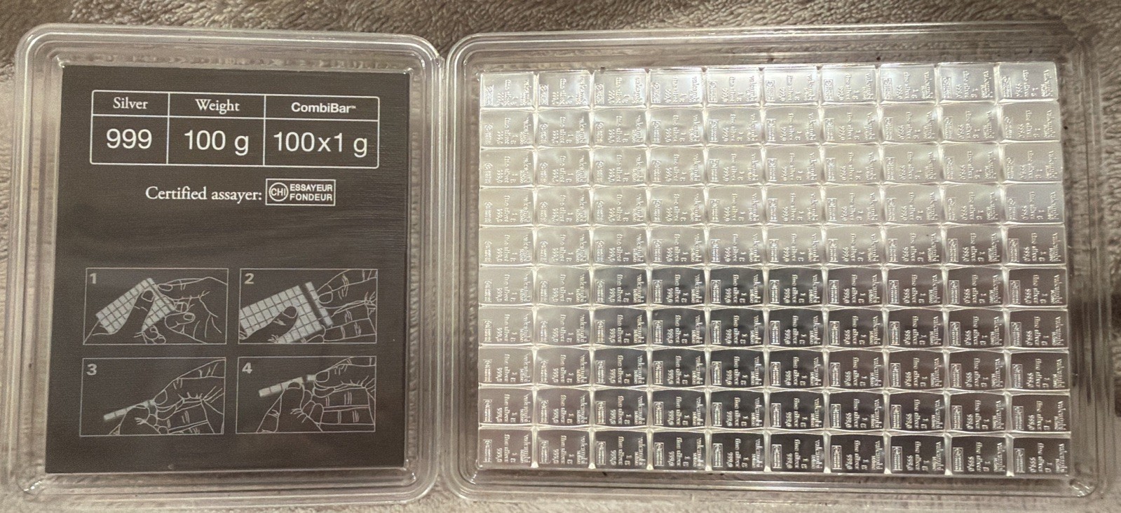 Valcambi Suisse (100) 1 Gram .999 Fine Silver Bars CombiBar (100 Gram Sheet) Valcambi Suisse (100) 1 Gram .999 Fine Silver Bars CombiBar (100 Gram Sheet)