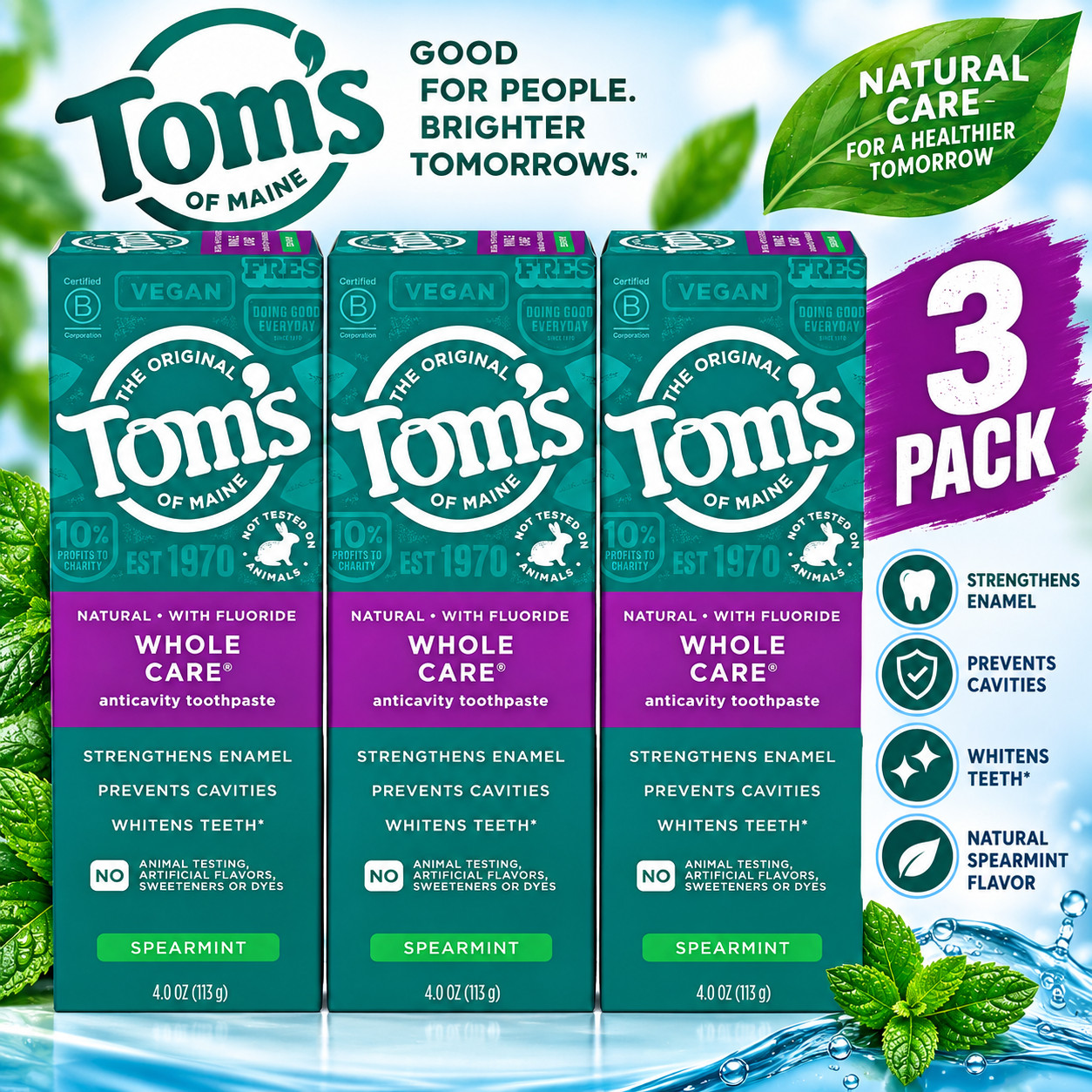 Tom\'s of Maine Whole Care Natural Toothpaste with Fluoride, Spearmint, (3 PACKS) Tom\'s of Maine Whole Care Natural Toothpaste with Fluoride, Spearmint, (3 PACKS)