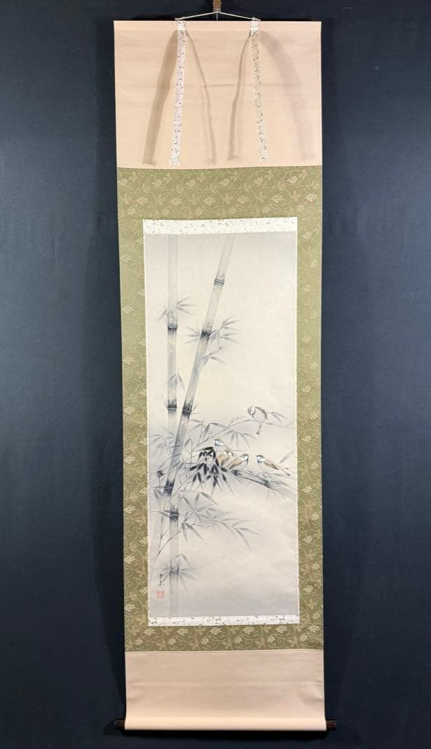 Vintage Japanese Hanging Scroll Kakejiku Sparrow Bamboo