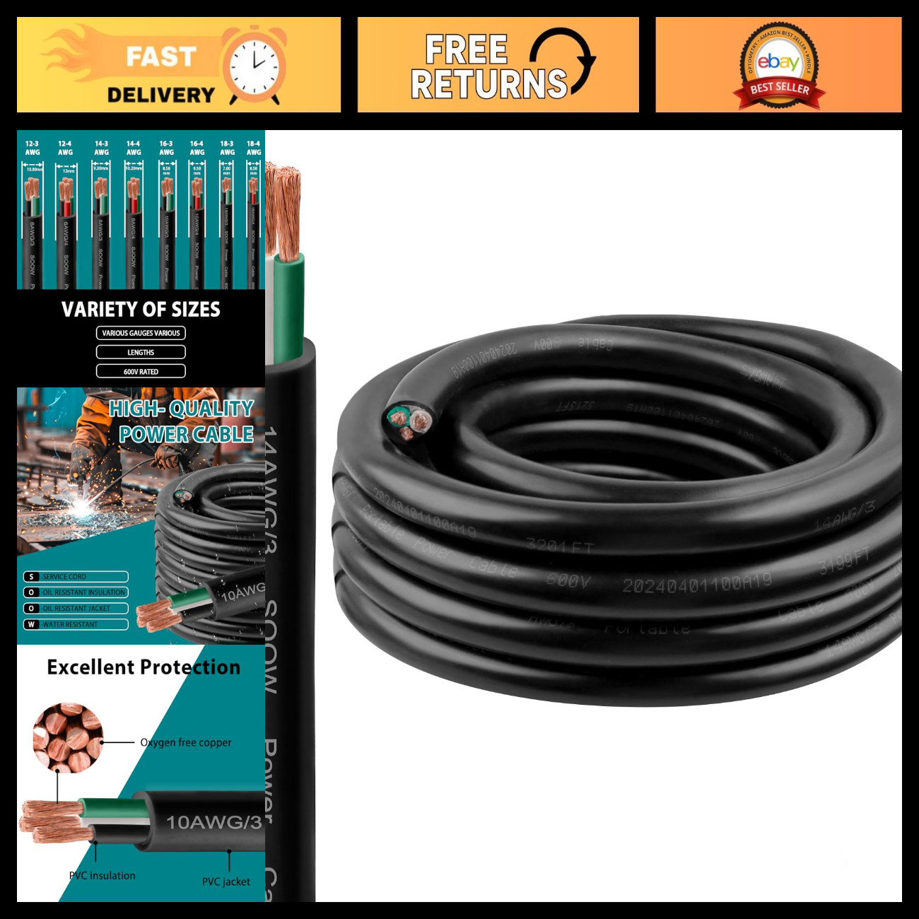 14/3 SOOW 10FT Power Cable, 14 AWG 600V Extension Cord for Welder, Generator, EV