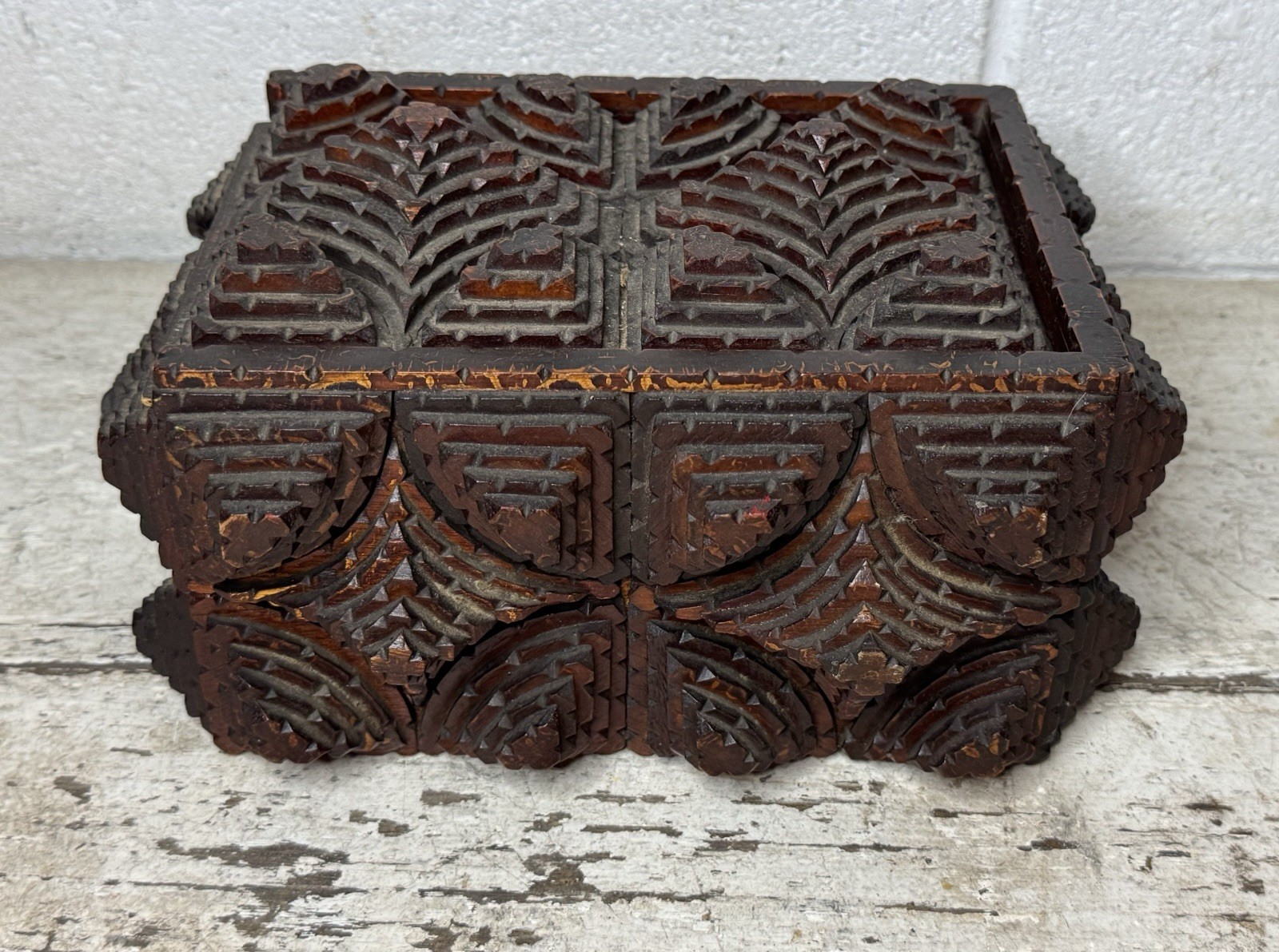 Antique Hand Made Chip Carved Wood Tramp Art Slide Lid Box Velvet Geometric Antique Hand Made Chip Carved Wood Tramp Art Slide Lid Box Velvet Geometric