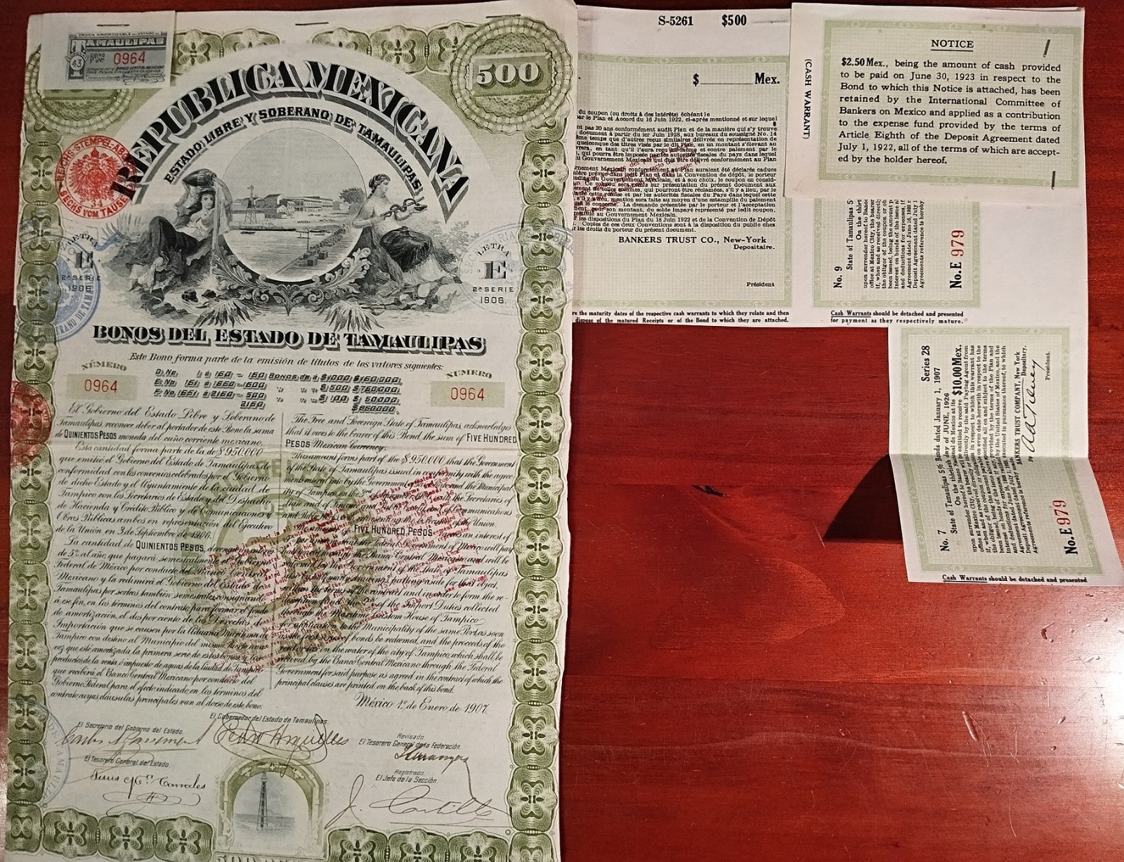 Mexico 1907 Republica Mexicana State Tamaulipas 500 Pesos Coupon Bond Loan Mexico 1907 Republica Mexicana State Tamaulipas 500 Pesos Coupon Bond Loan