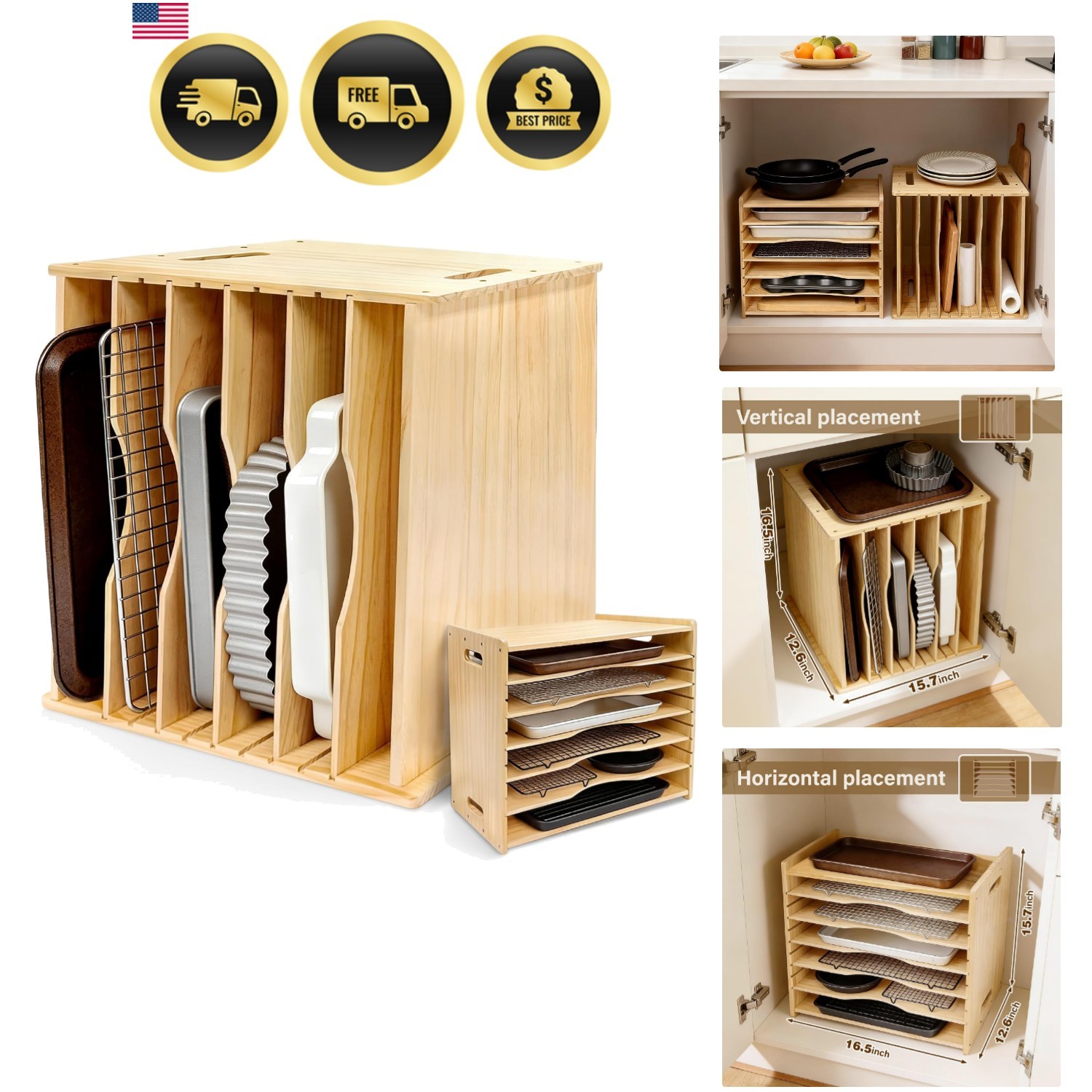 6 Tier Wooden Tray Dividers for Cabinets, Cookie Sheet Organizer 15.7\ 6 Tier Wooden Tray Dividers for Cabinets, Cookie Sheet Organizer 15.7\