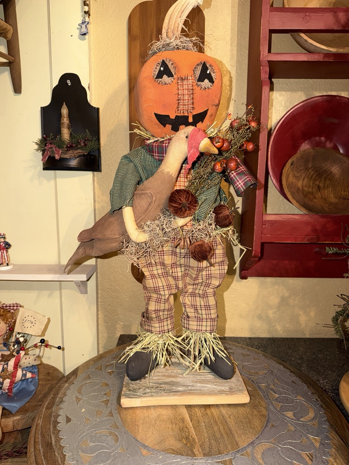 Primitive Folk Art Scarecrow Fall  Halloween Big Boy  TURKEY Fall