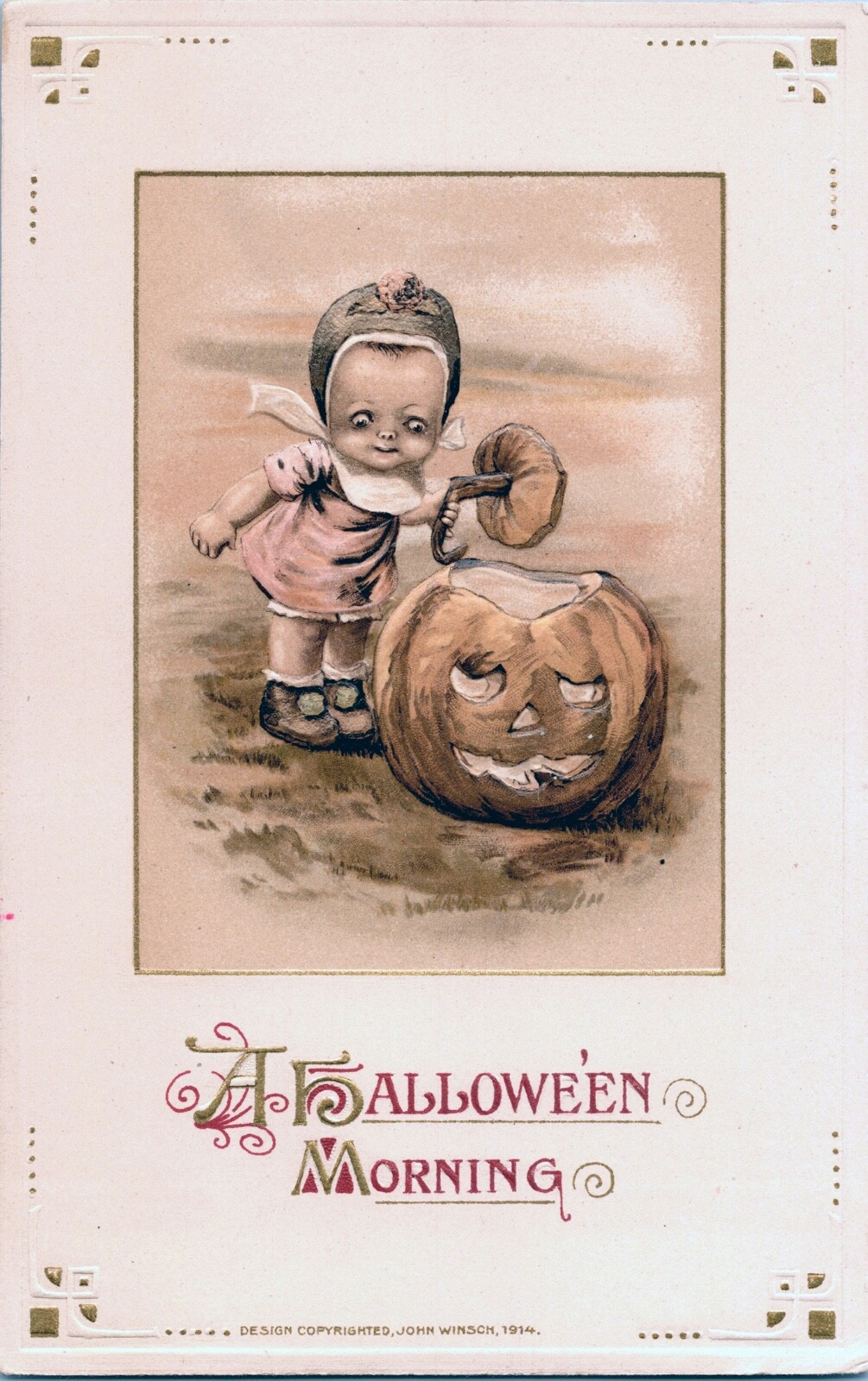 Vintage John Winsch Adorable Little Girl & JOL Pumpkin Halloween Postcard UNPOST Vintage John Winsch Adorable Little Girl & JOL Pumpkin Halloween Postcard UNPOST