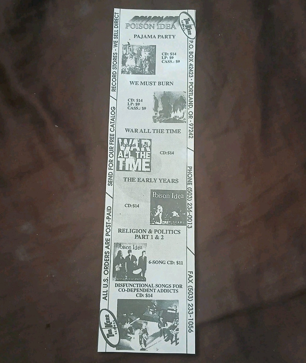 Poison Idea Tim/Kerr Records Promo Flyer Ad PNW 90s Hardcore Punk Portland