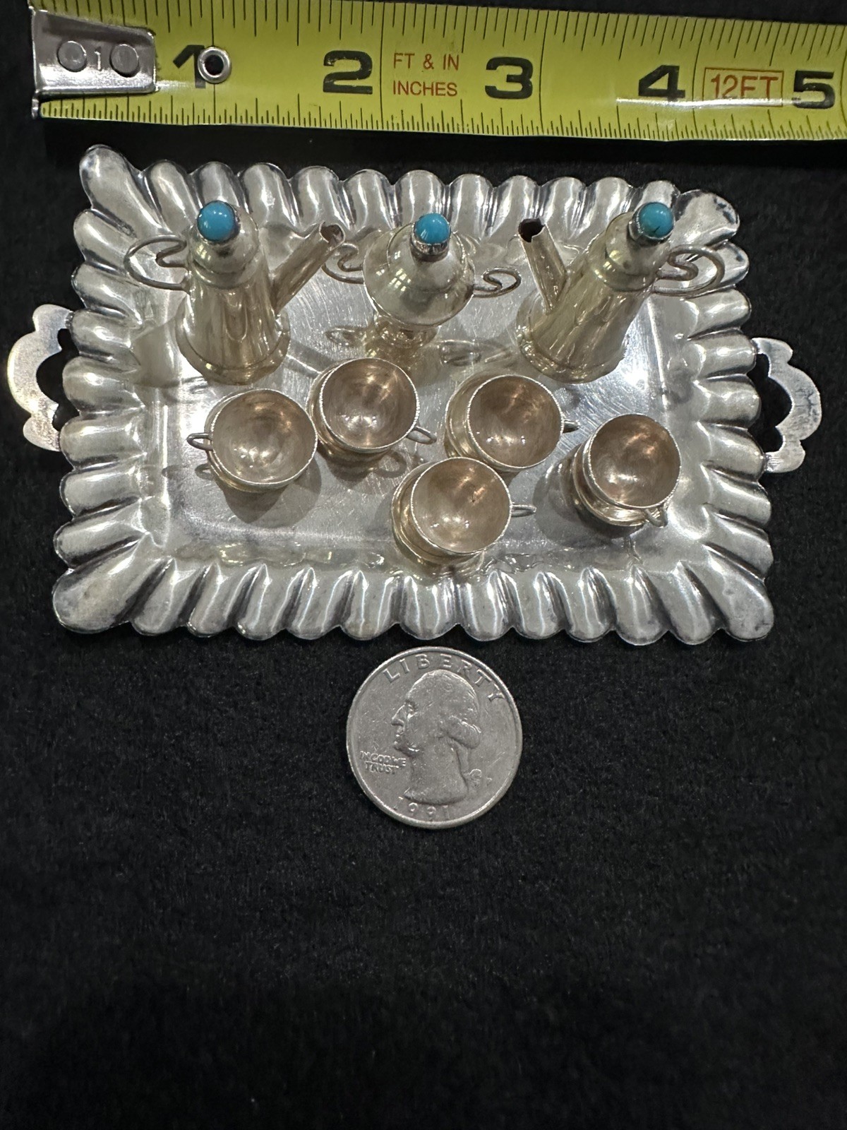 RARE-Vintage Dollhouse Miniature Mexican Sterling Silver & Turquoise Tea Set 