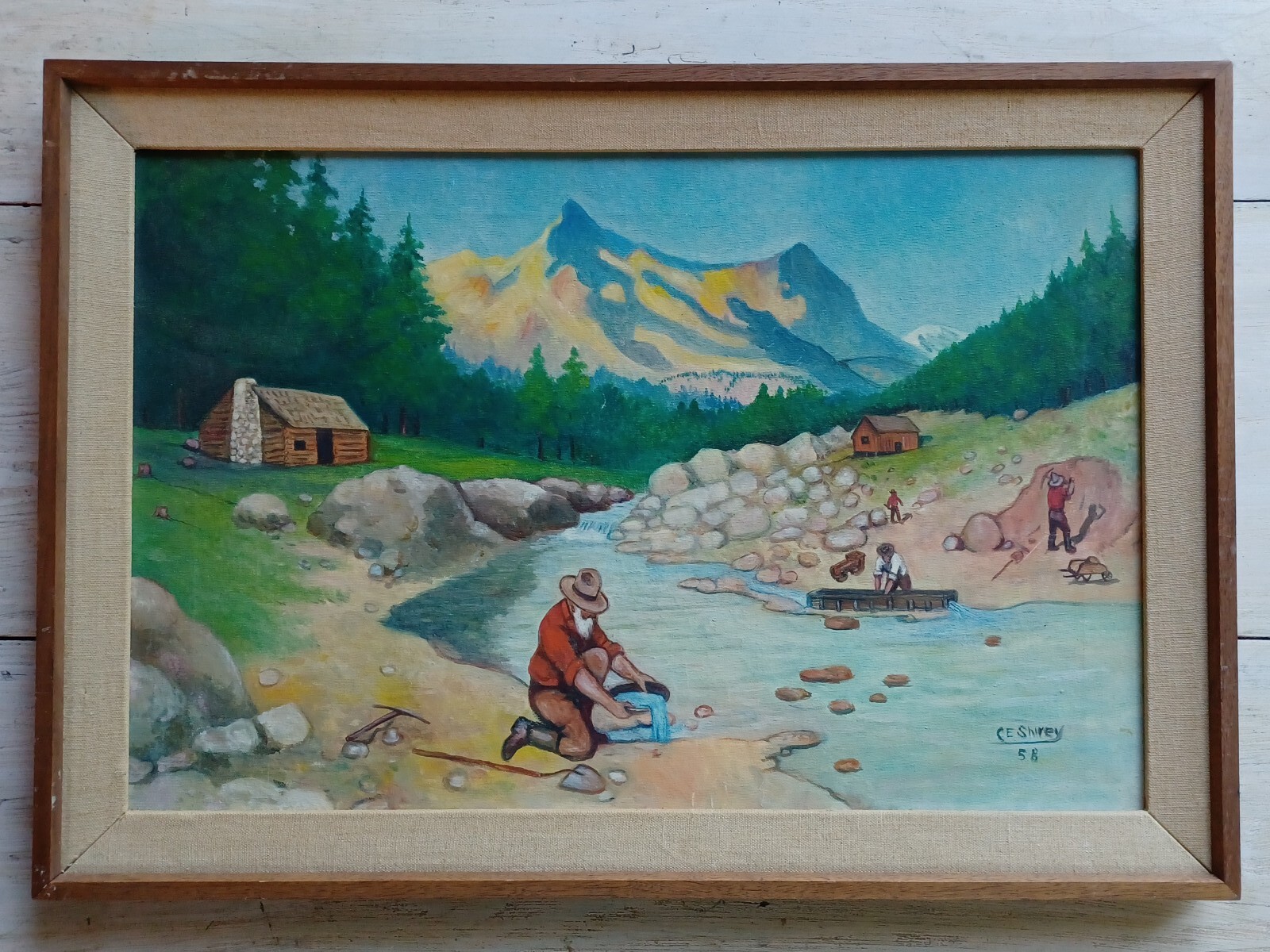 RARE Vtg 1958 C.E. SHIREY Texas Cowboy Folk ARTIST Canvas PAINTING Miners Gold