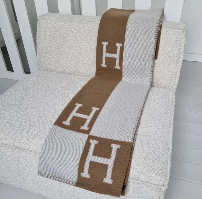 Hermès Avalon Throw Blanket Camel Ecru H Pattern Cashmere Wool France Luxury