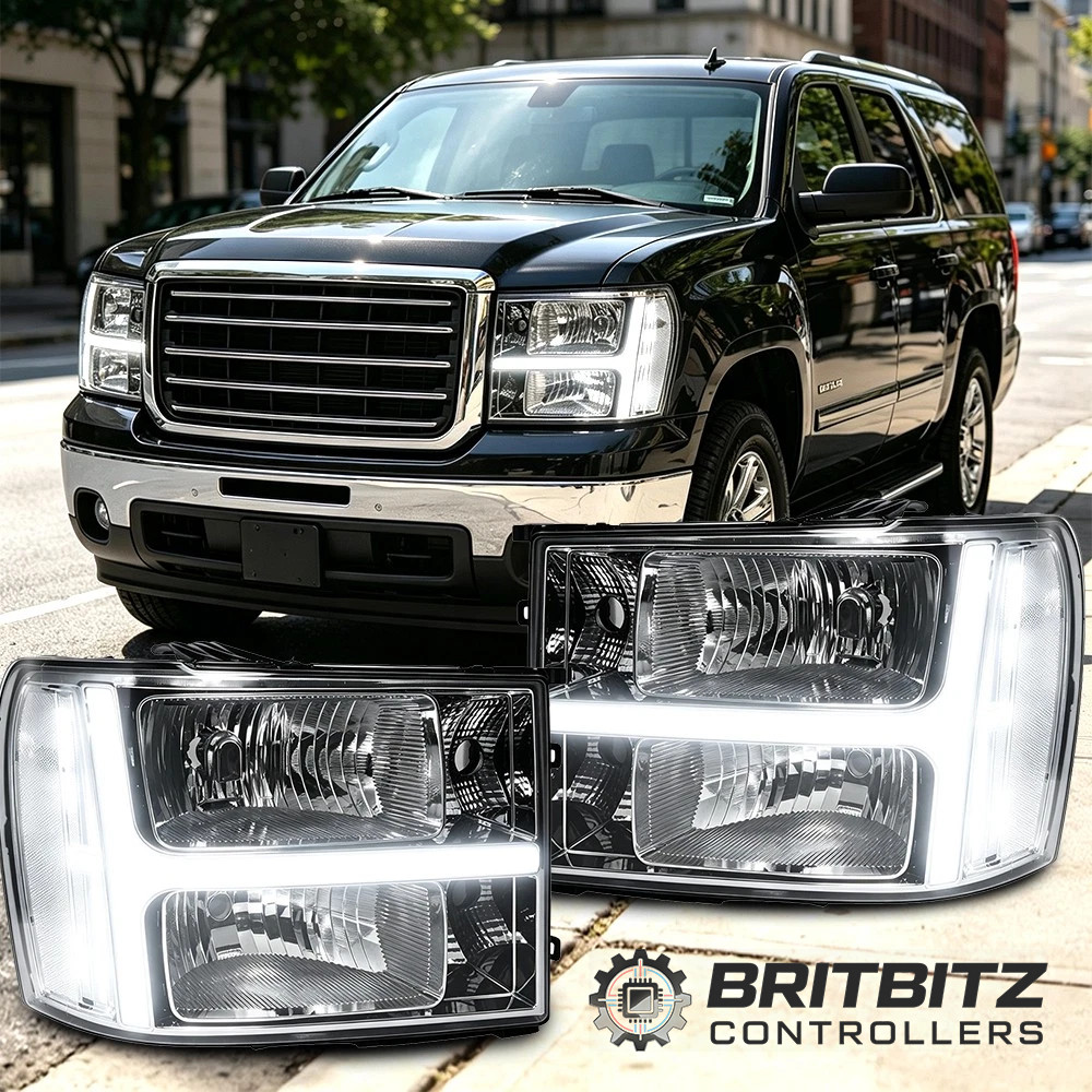 Chrome Headlights For 2007-2013 GMC Sierra 1500 2500HD 3500HD w/LED DRL L+R Pair