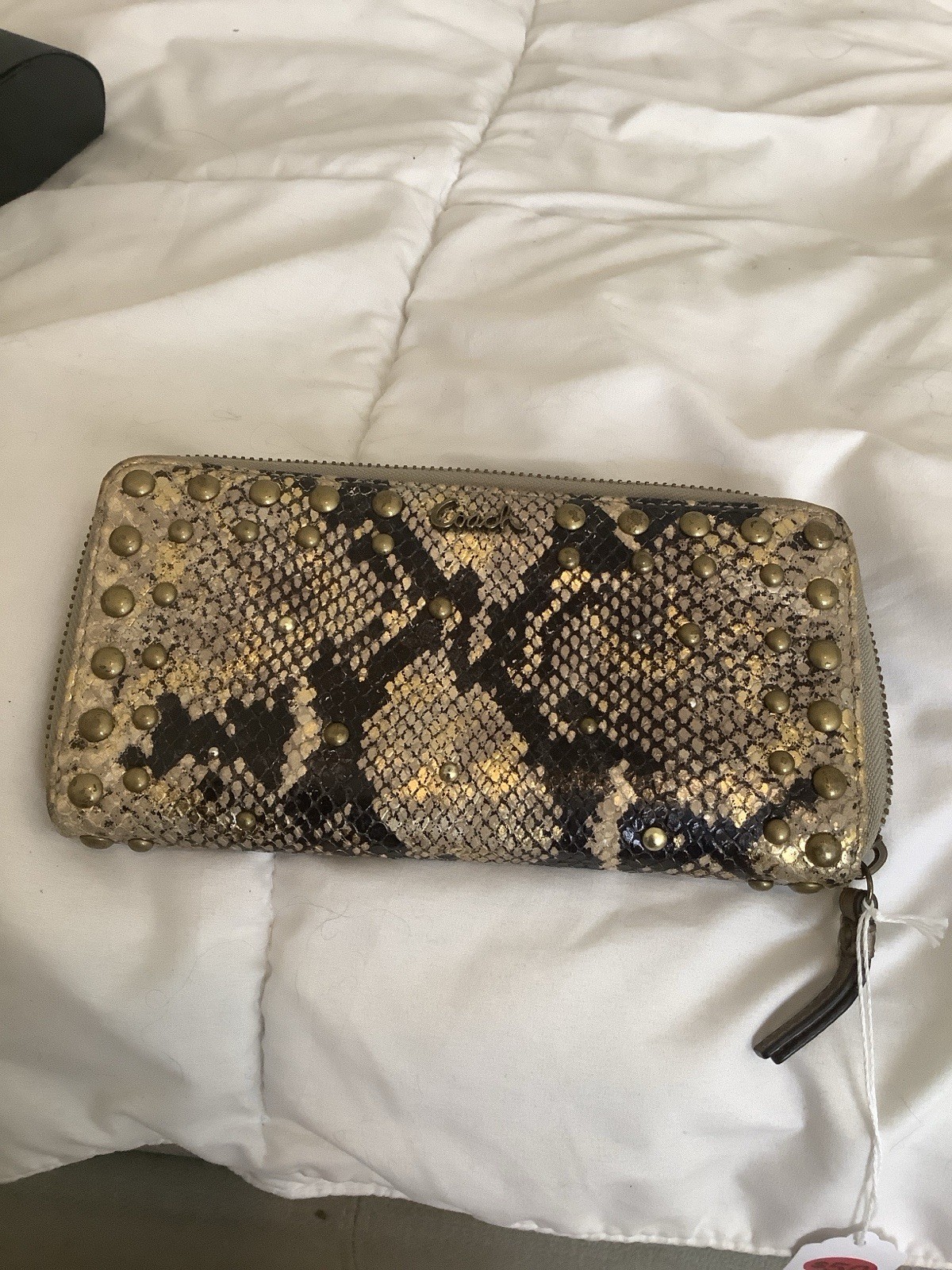 Coach Metallic Embossed Snake Print Leather Accordion Wallet with Studs Coach Metallic Embossed Snake Print Leather Accordion Wallet with Studs