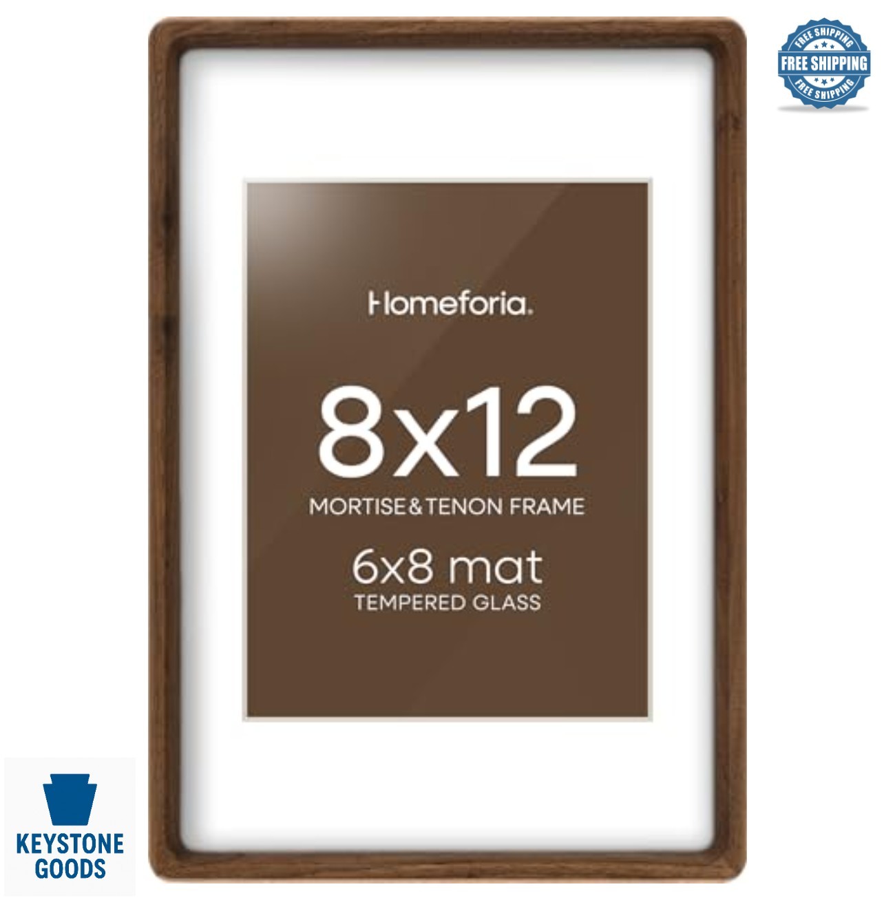 Walnut Picture Frame 8x12 Wall Tabletop Display 6x8 Mat Tempered Glass Mortise