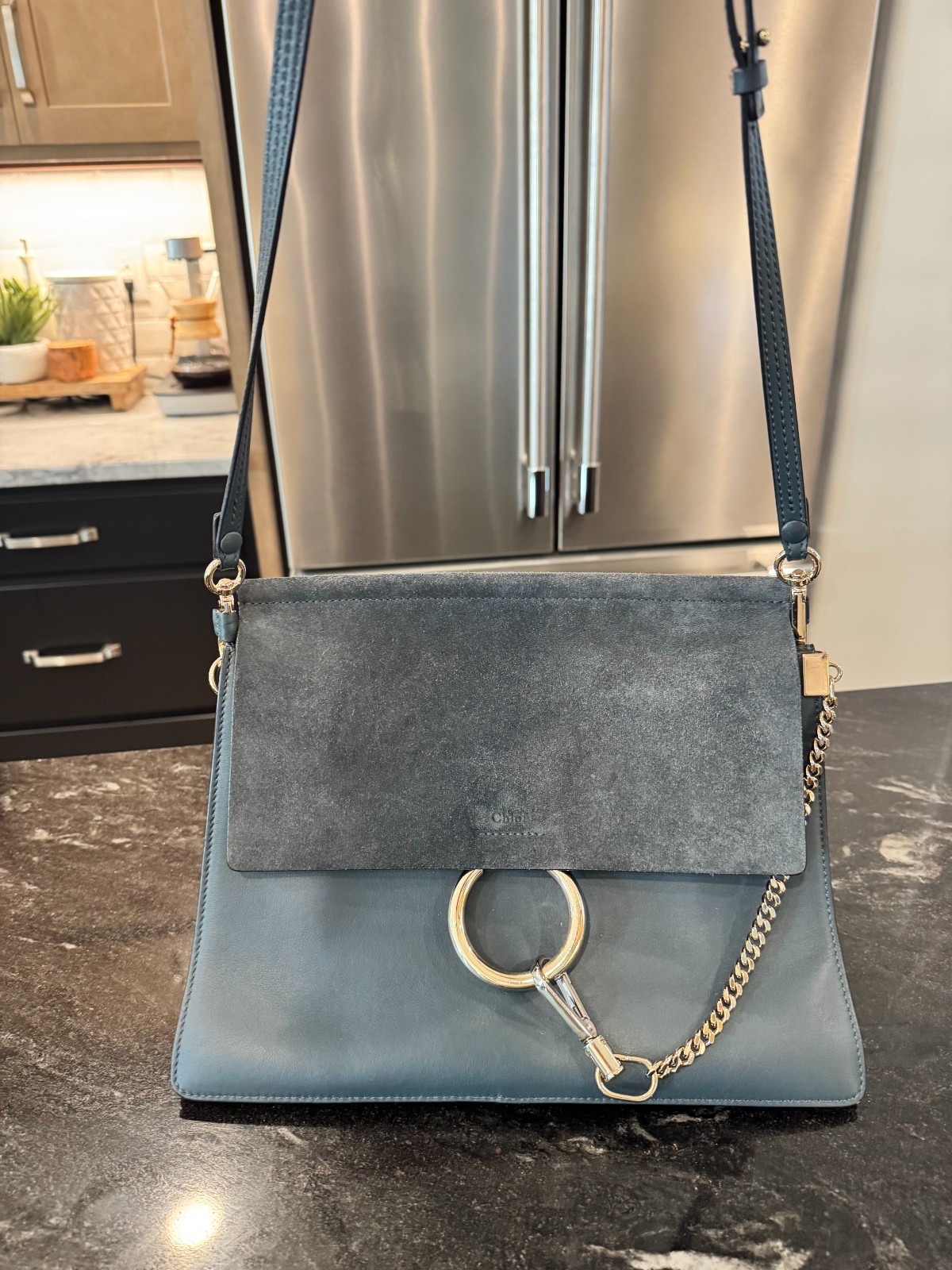 Chloe Calfskin Suede Faye Medium Shoulder Bag Silver Blue 3S1231-H20 NWT