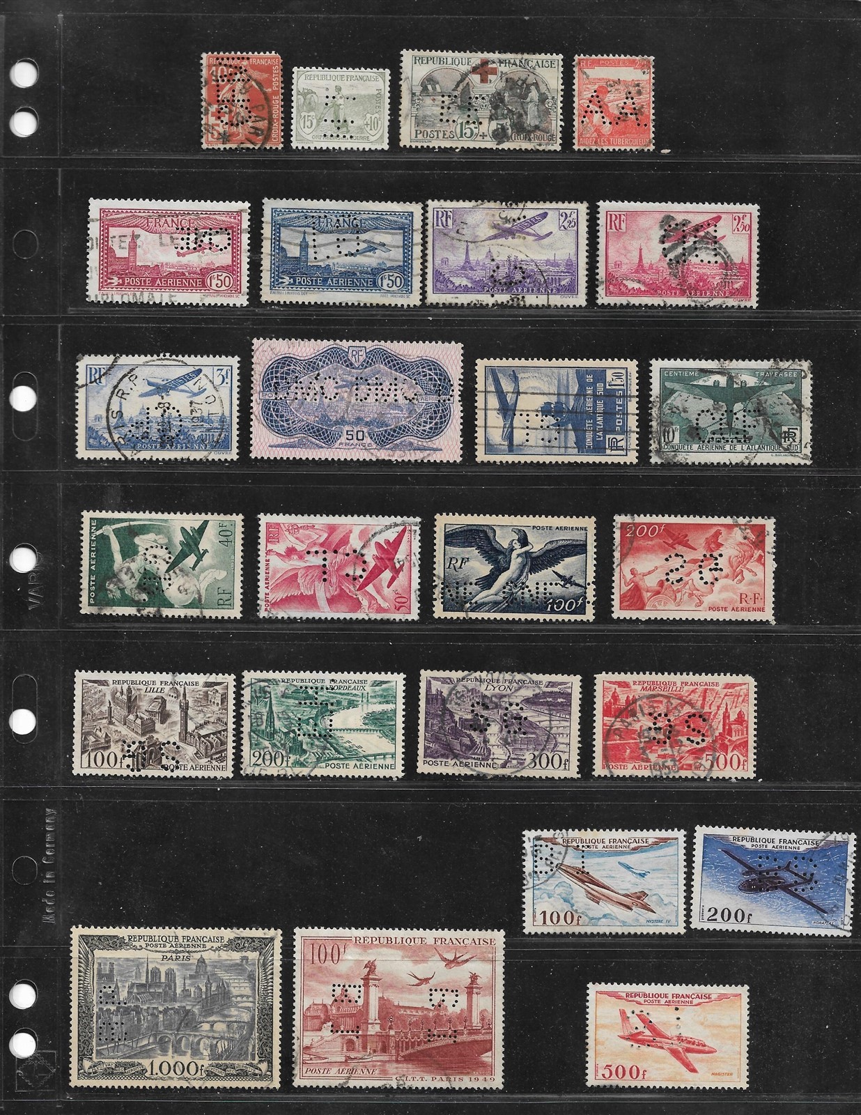 France Stamps w/Perfins; 1914-1954 BOB Issues (B/C); 25 Diff.; Very High CV 