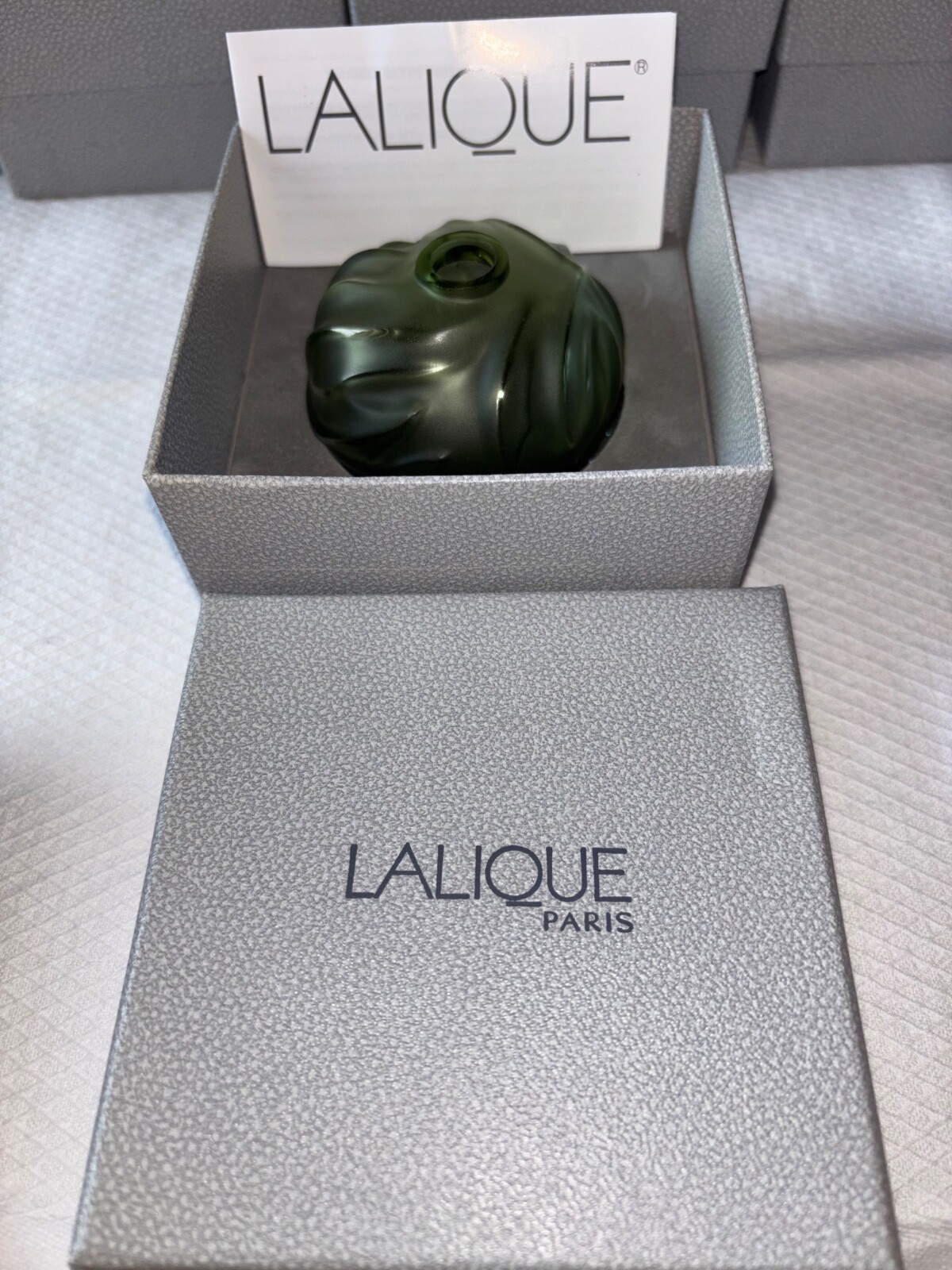 Lalique Crystal Royal Palm Dark Green Bud Vase France Signed Glass Flower Vase
