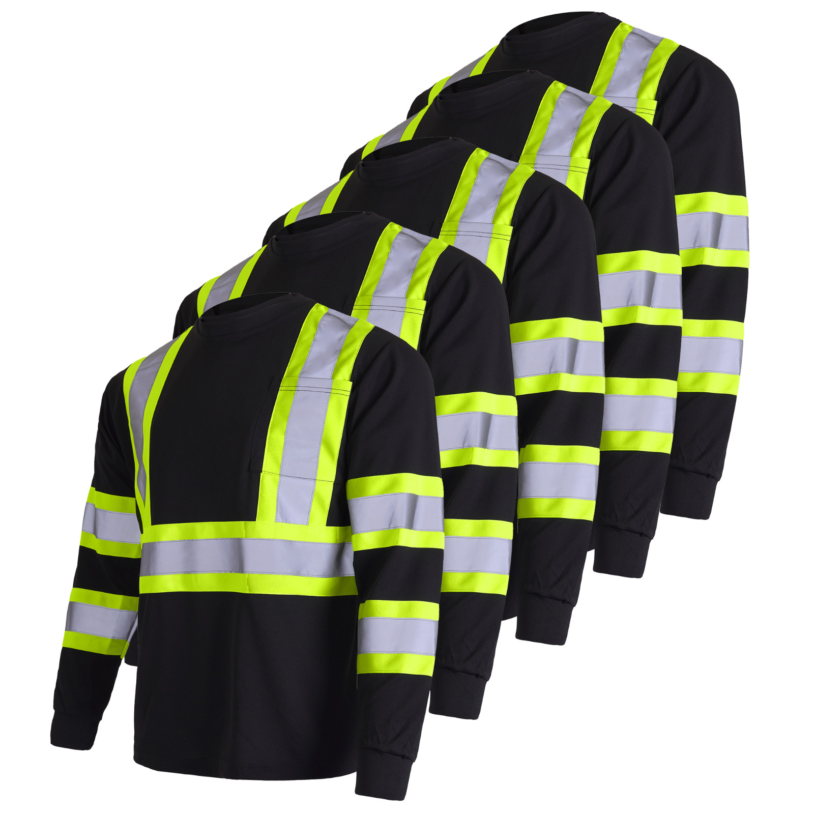 5 Pack Hi Vis Black Long Sleeve Safety Work Shirts ANSI Reflective JORESTECH