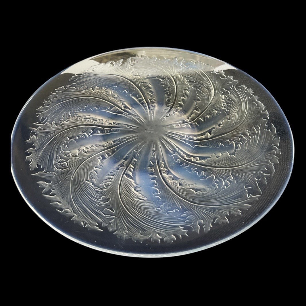 Antique René Lalique ‘Chicoree’ Plate Opalescent Glass Swirl Leaves Circa 1921