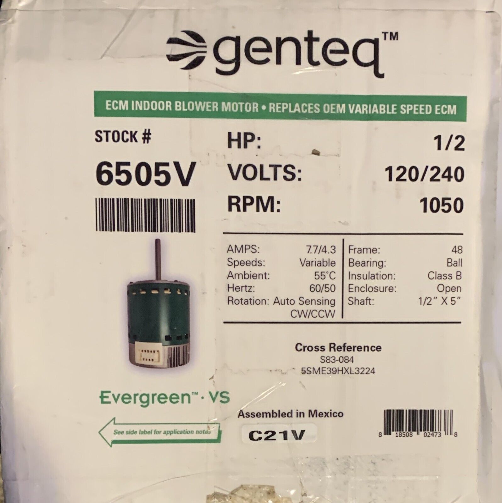 Genteq 6505V Evergreen Variable Speed ECM Motor 1/2 HP