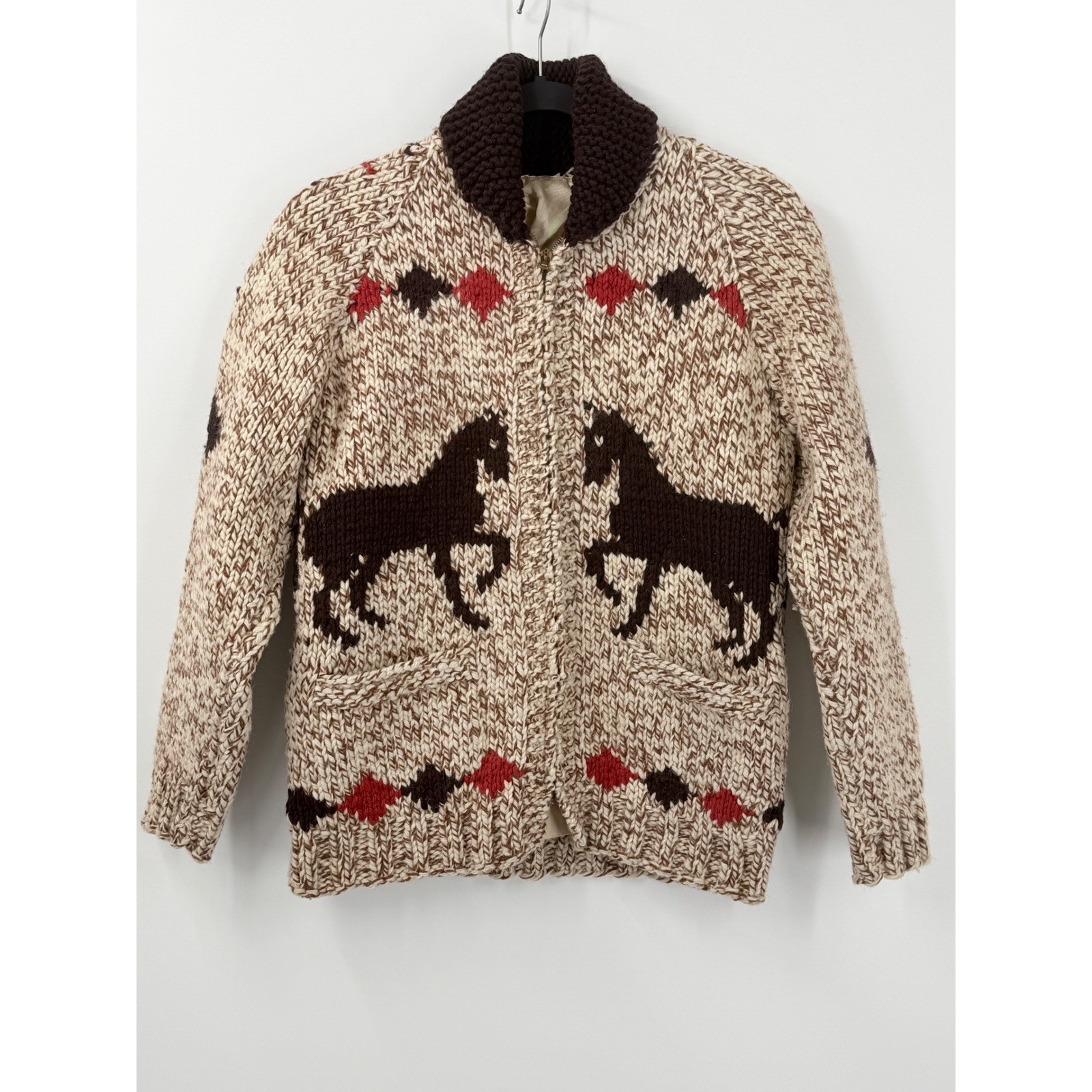 Vtg 50s Horse Cowichan Style Cardigan Wool Sweater sz M heavy western grandpa