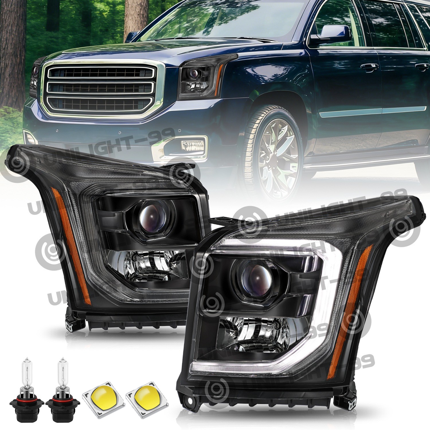 Black Pair Headlights For 2015-2020 GMC Yukon XL LED DRL Projector [HID]Headlamp