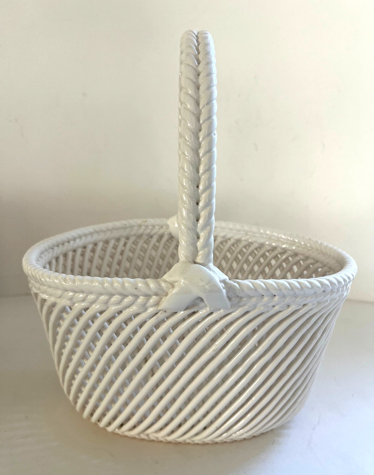 Vintage Centerpiece White Woven Ceramic Handle Basket