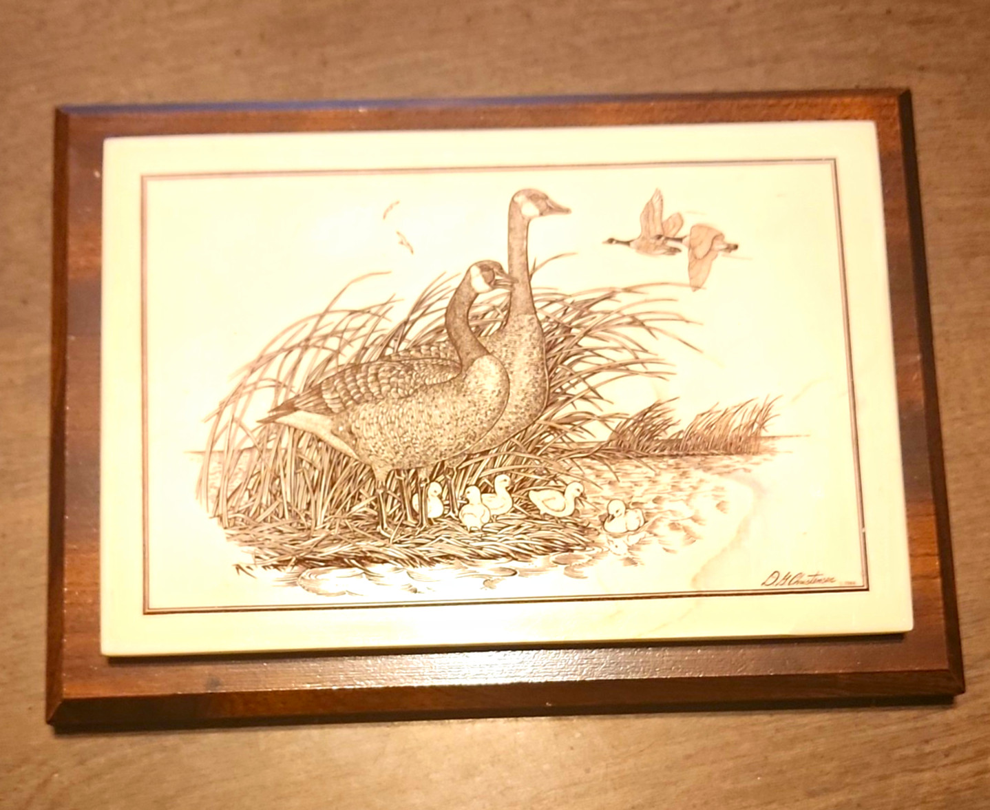 Vintage D.G. Christensen 1984 Ducks & Ducklings Etched Tile Wood Artwork Signed