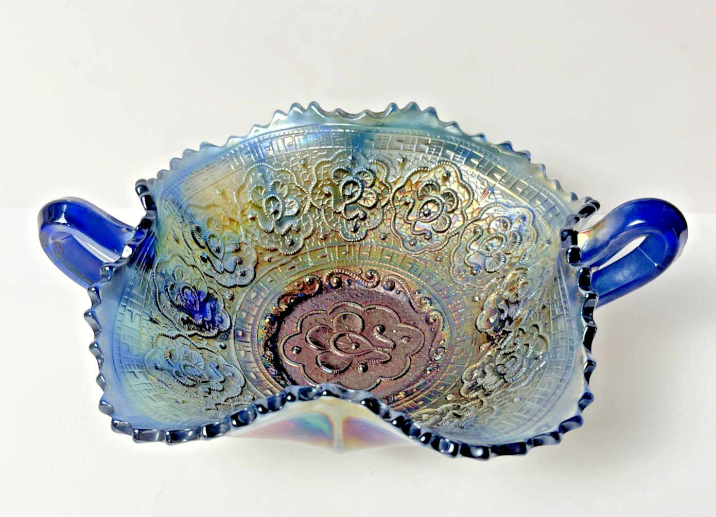 Antique Fenton Persian Medallion Carnival Blue Glass Bonbon Dish Antique Fenton Persian Medallion Carnival Blue Glass Bonbon Dish