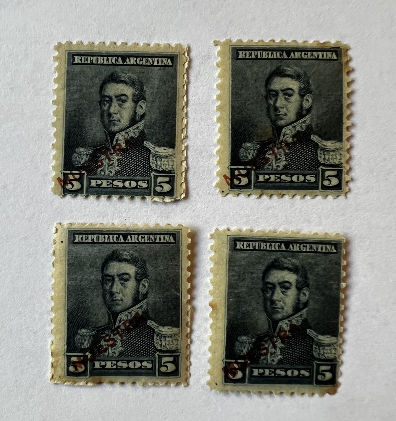 1892/1896 ARGENTINA 5 PESO LOT OF 4 SPECIMEN OVERPRINT STAMPS UNUSED OG 1892/1896 ARGENTINA 5 PESO LOT OF 4 SPECIMEN OVERPRINT STAMPS UNUSED OG