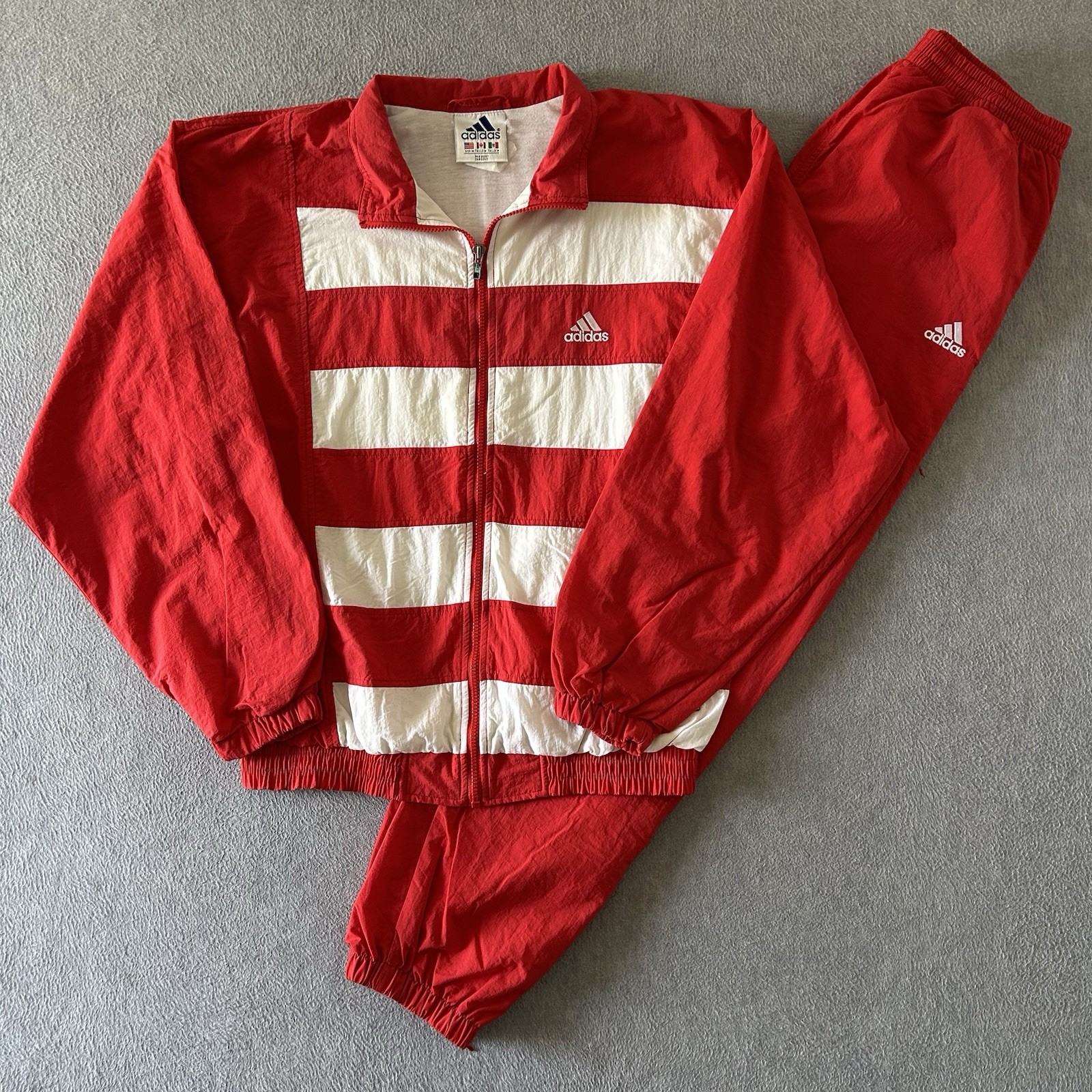 Vintage Adidas Striped Nylon Track Suit Pants Jacket Size M White Red 90s Rare