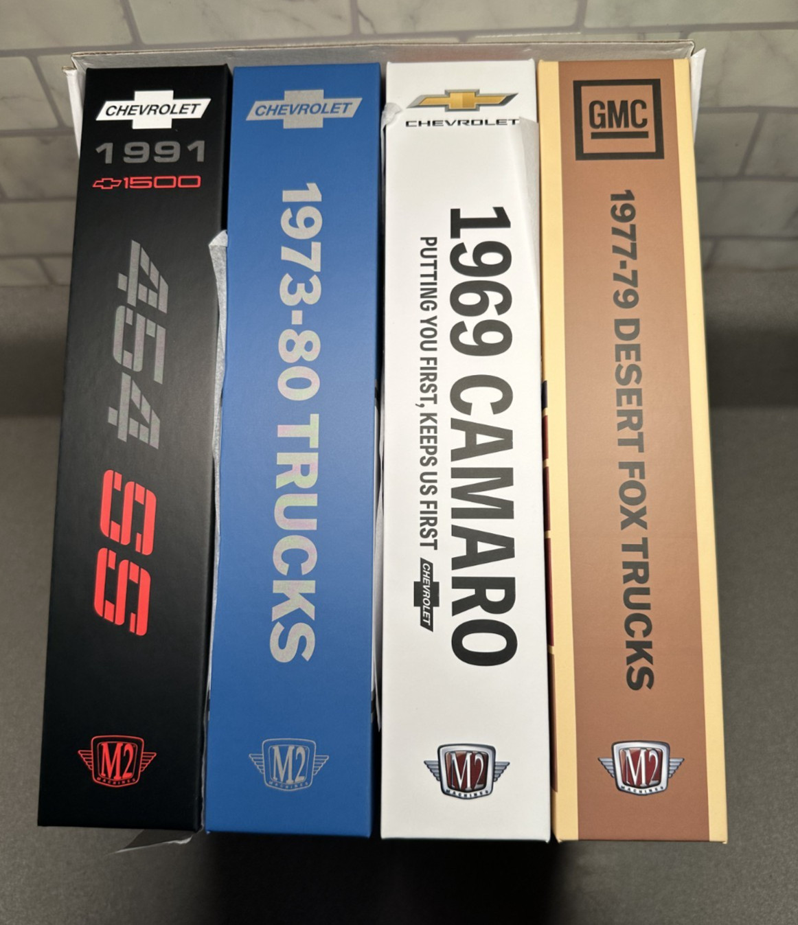 M2 Machines 1/64 Shadow Box Complete Set 4 Chevy Truck,Camaro,454SS,GMC Sierra