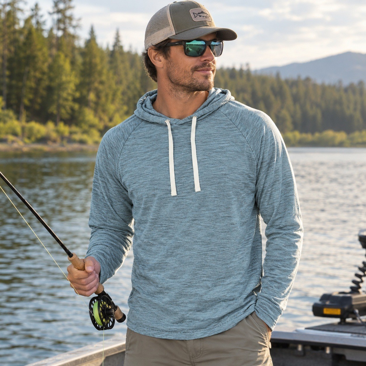 Free Fly Bamboo Lightweight Hoodie Mens Slub Knit Raglan Blue Medium
