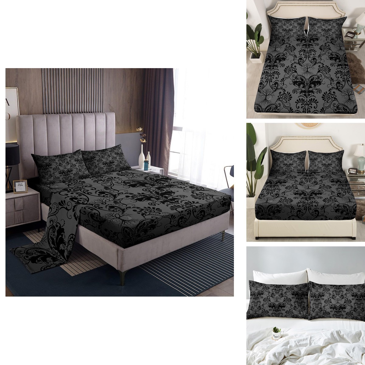 Erosebridal Queen Black Damask Sheet Set Victorian Gothic Floral Erosebridal Queen Black Damask Sheet Set Victorian Gothic Floral
