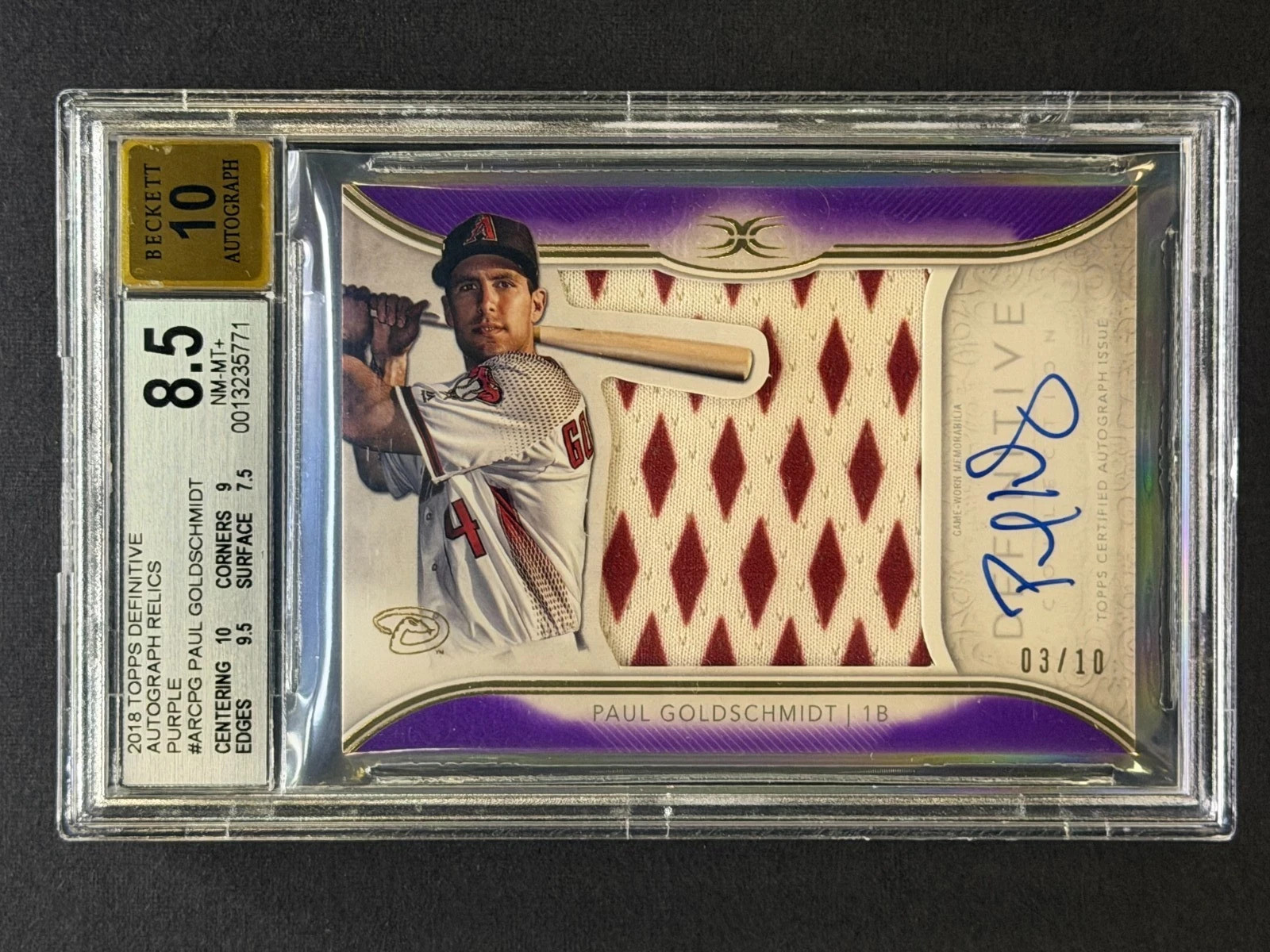 2018 Topps Definitive Auto Relics Purple #ARCPG Paul Goldschmidt jersey, /10