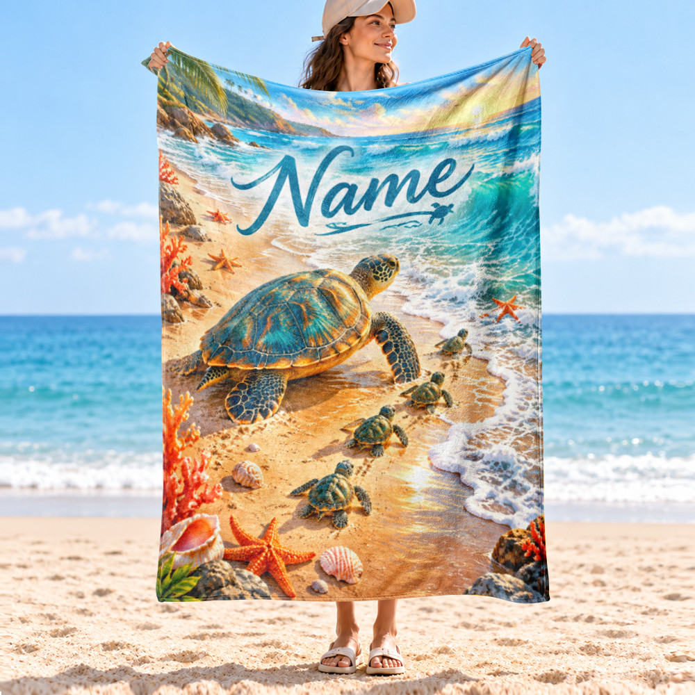 Sea Turtle Tropical Beach Sunset Coral Fleece Blanket