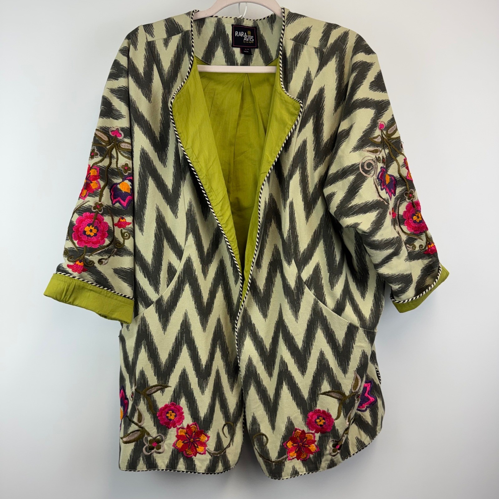 Rara Avis Iris Apfel Ikat Chevron Floral Embroidered Open Front Jacket XL Green Rara Avis Iris Apfel Ikat Chevron Floral Embroidered Open Front Jacket XL Green