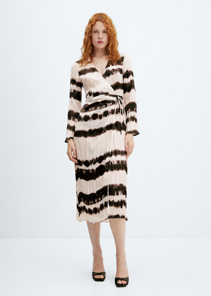 NWT MANGO MNG $100 ECRU BROWN TIE-DYE PLEATED SHIRT DRESS SZ L US 8