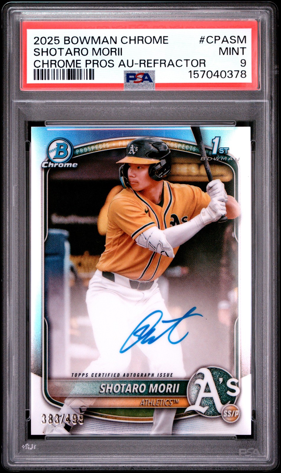 2025 BOWMAN CHROME PROSPECT AUTOS REFRACTOR #CPASM SHOTARO MORII 383/499 PSA 9